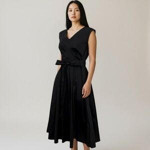 eShakti - Black Cotton Poplin A-Line Midi Dress - S